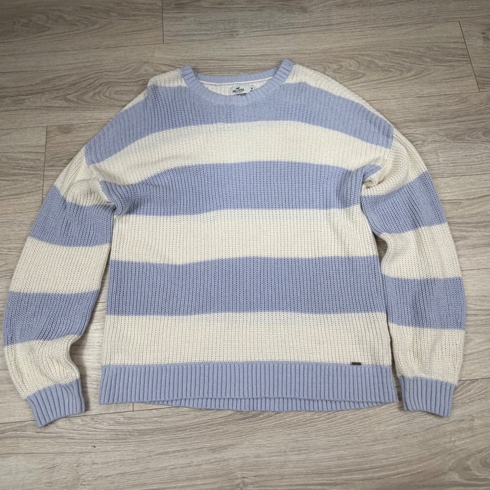 Hollister Womens Blue Cream Striped Shaker Knit‎ Cotton Sweater Size M Relaxed